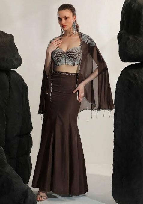 Dark Brown Hand Work Embroidered Crepe Fusion Set