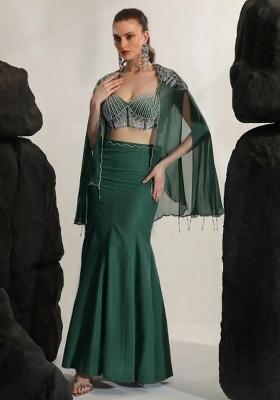 Dark Green Hand Work Embroidered Crepe Fusion Set