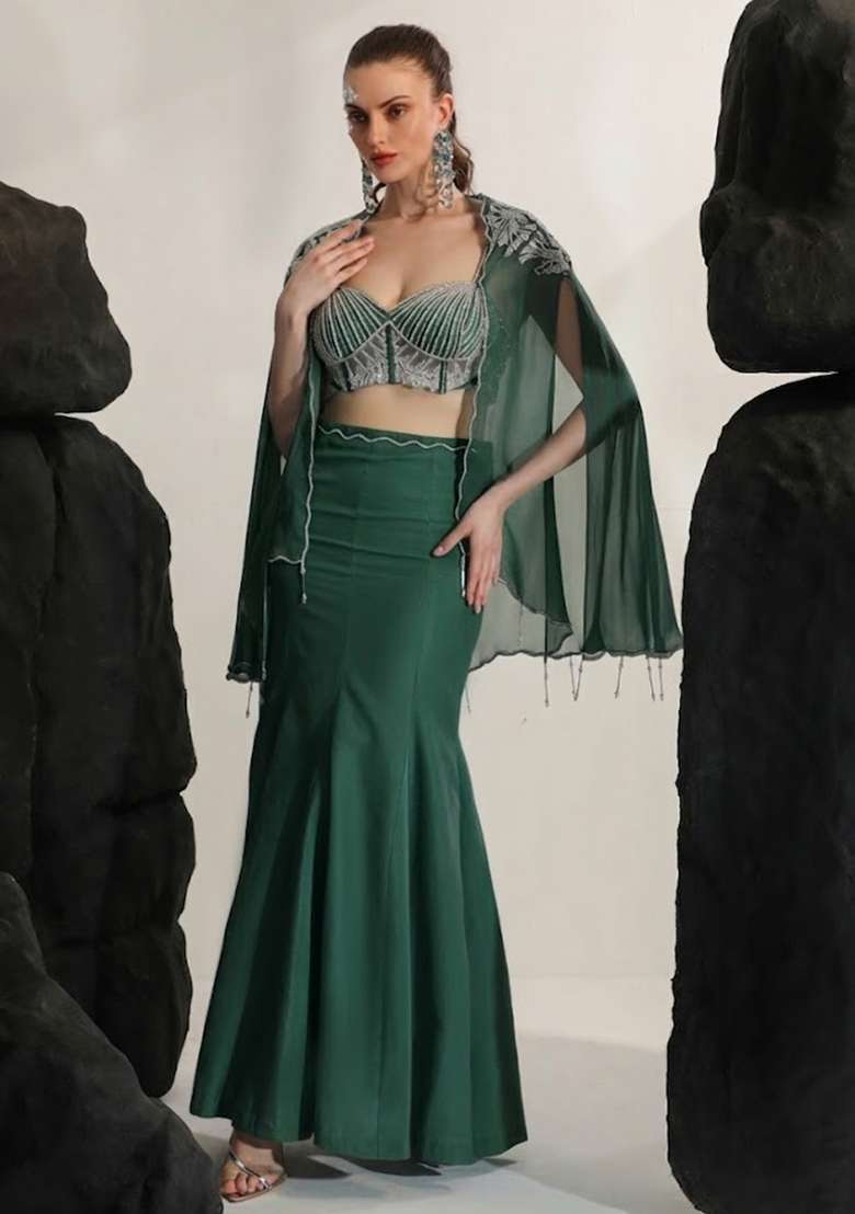 Dark Green Hand Work Embroidered Crepe Fusion Set - Indya