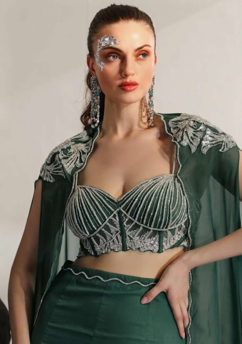 Dark Green Hand Work Embroidered Crepe Fusion Set - Indya