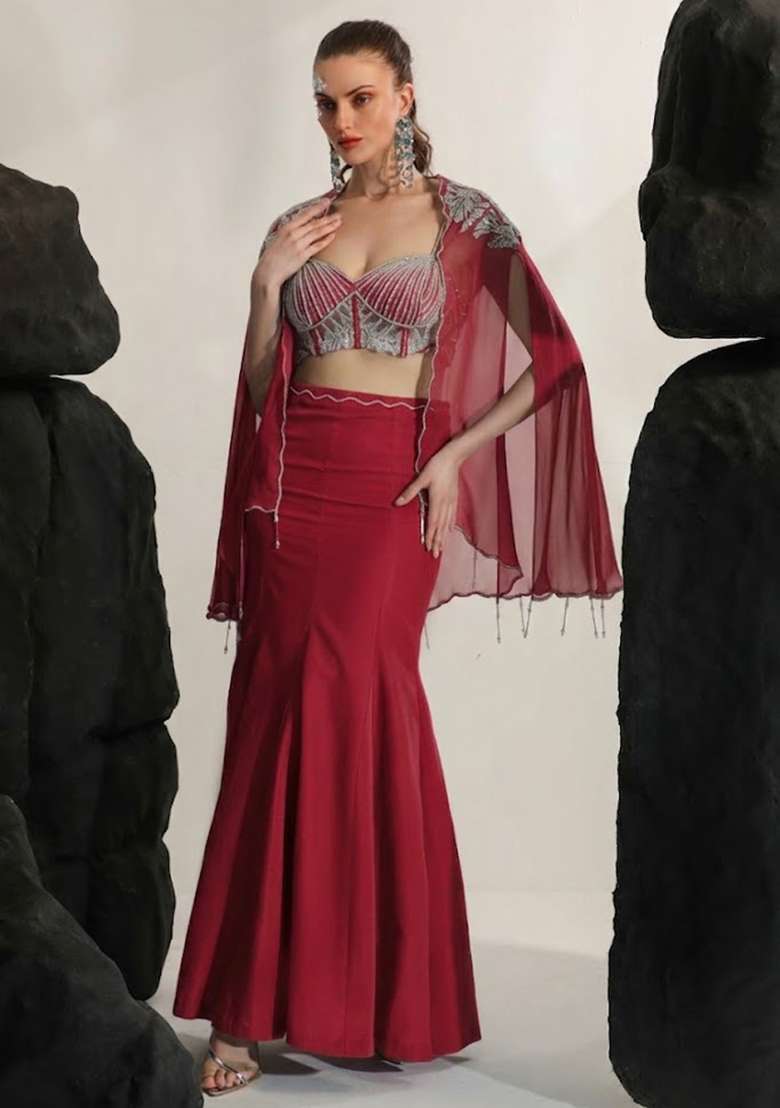 Deep Red Hand Work Embroidered Crepe Fusion Set - Indya