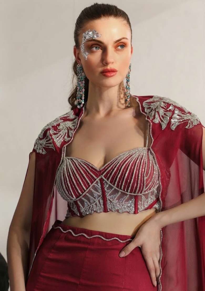 Deep Red Hand Work Embroidered Crepe Fusion Set - Indya