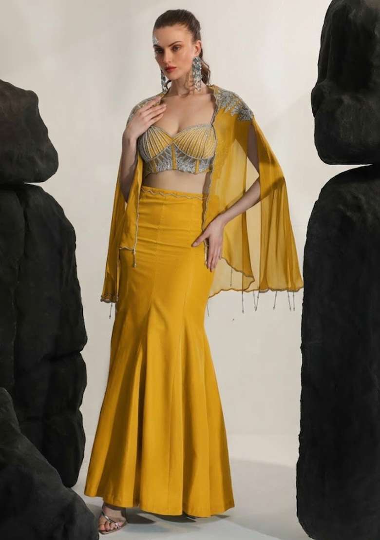 Bright Yellow Hand Work Embroidered Crepe Fusion Set - Indya
