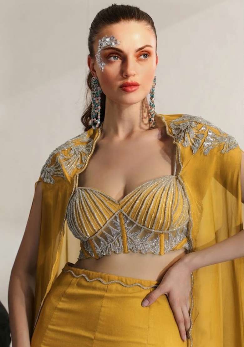 Bright Yellow Hand Work Embroidered Crepe Fusion Set - Indya