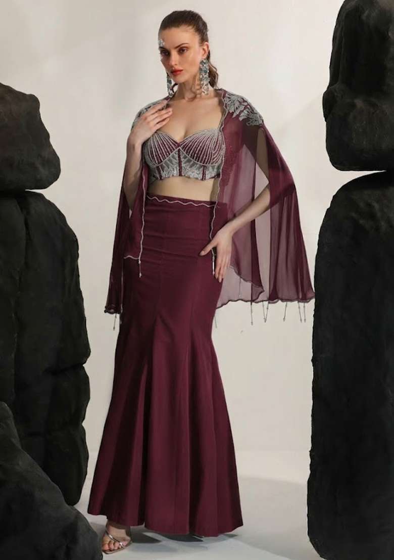 Wine Red Hand Work Embroidered Crepe Fusion Set - Indya