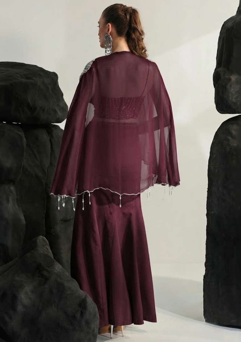 Wine Red Hand Work Embroidered Crepe Fusion Set - Indya