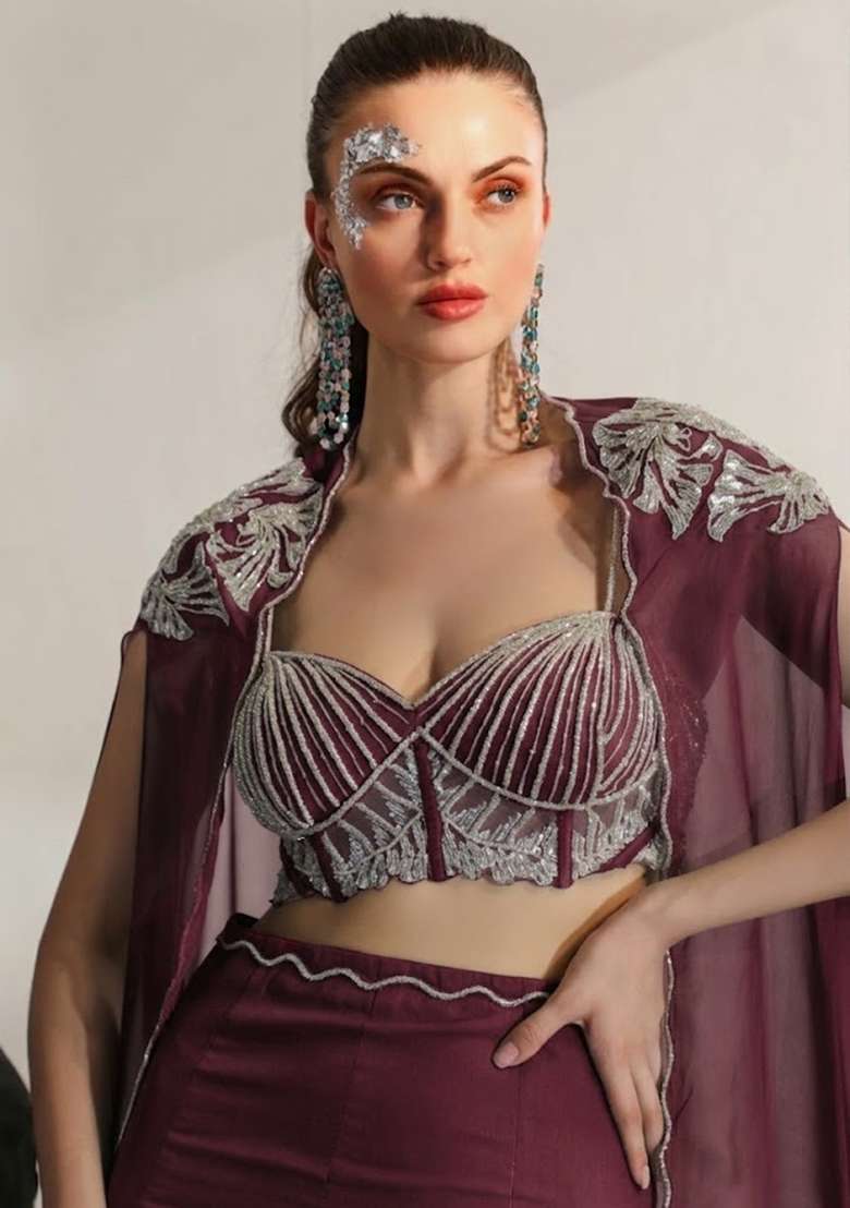 Wine Red Hand Work Embroidered Crepe Fusion Set - Indya