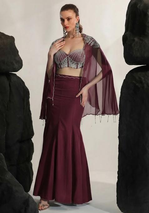 Wine Red Hand Work Embroidered Crepe Fusion Set