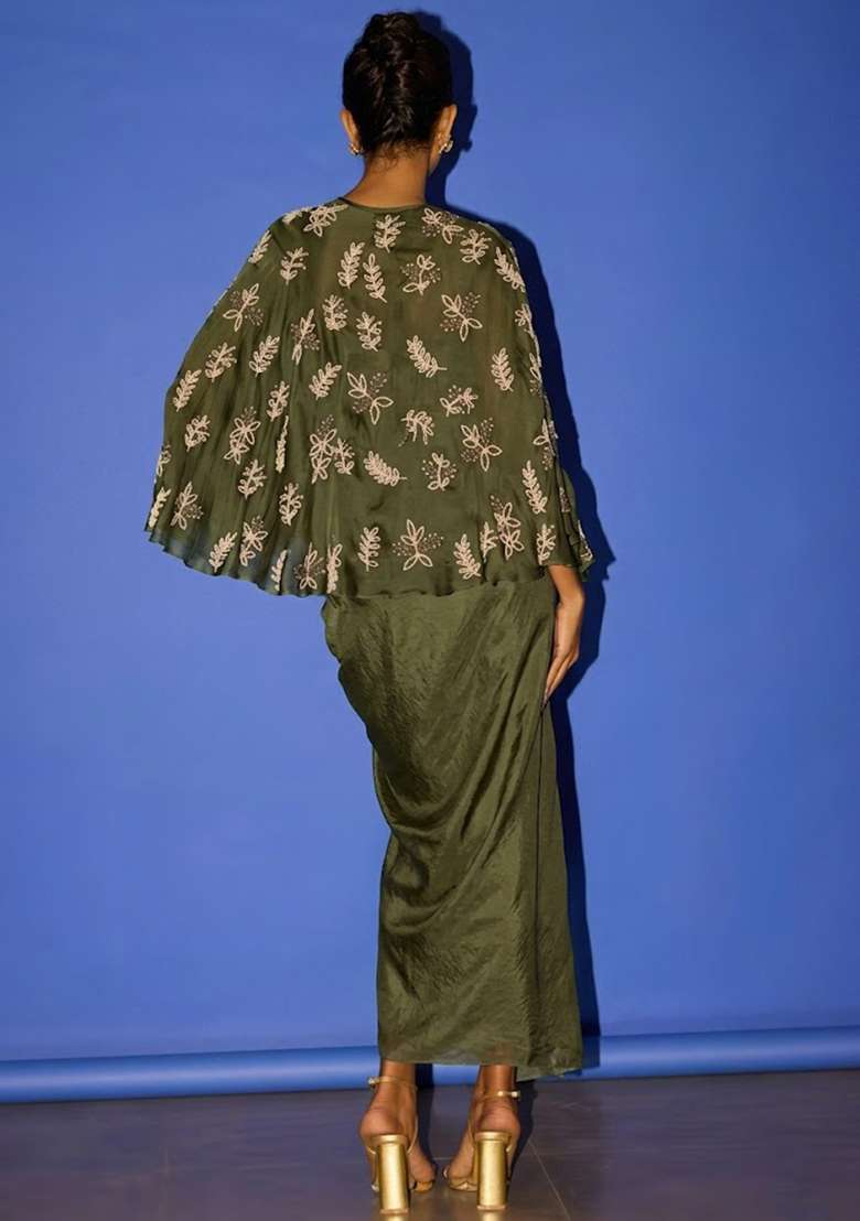 Light Green Hand Work Embroidered Satin Fusion Set - Indya
