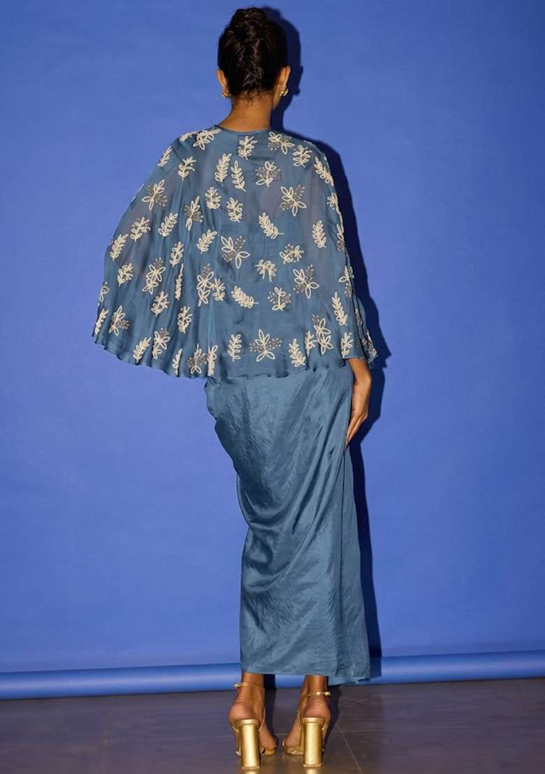 Deep Blue Hand Work Embroidered Satin Fusion Set - Indya