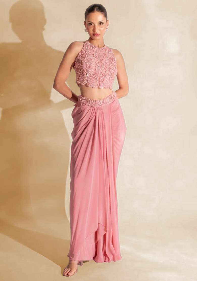 Blush Pink Hand Work Embellished Satin Fusion Set - Indya