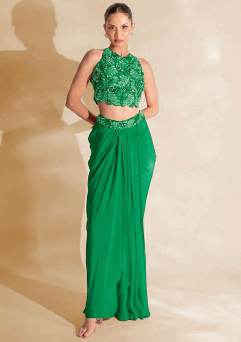 Emerald Green Hand Work Embellished Satin Fusion Set - Indya