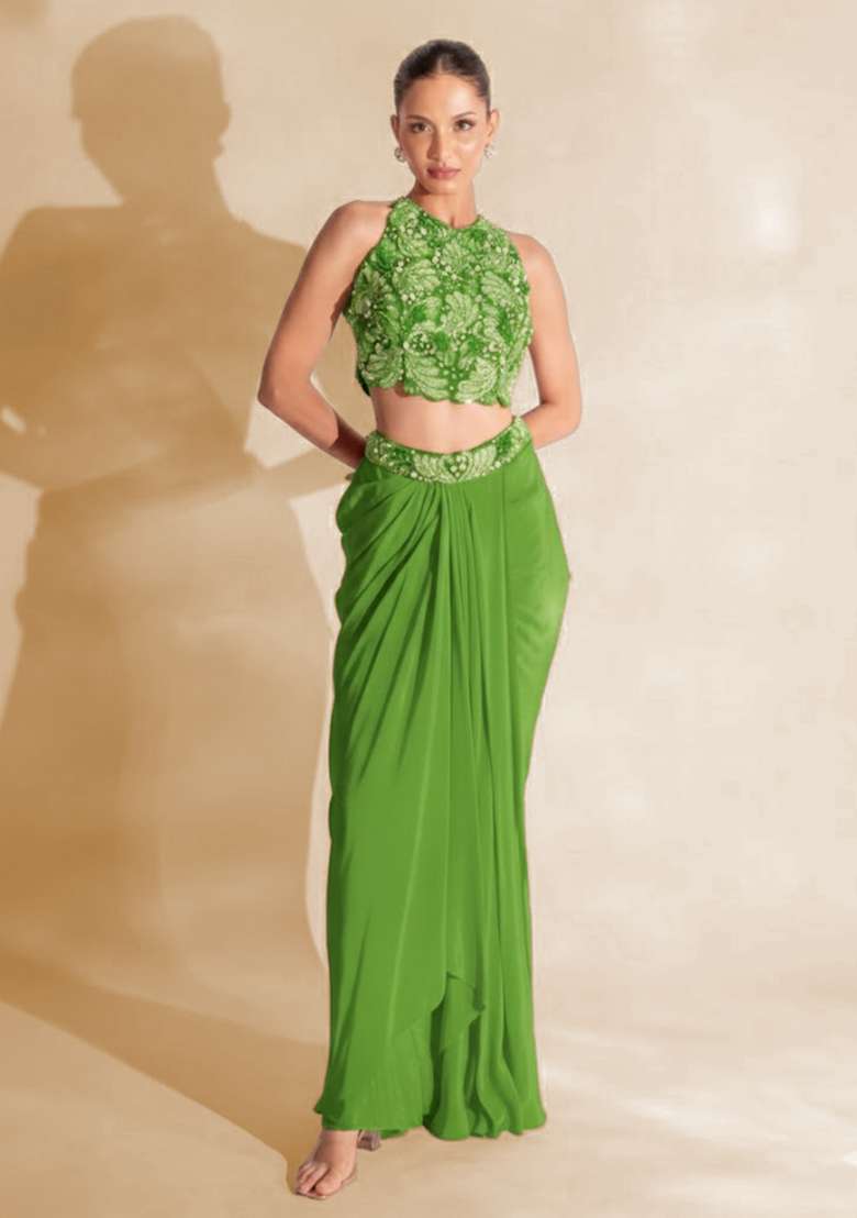 Light Green Hand Work Embellished Satin Fusion Set - Indya