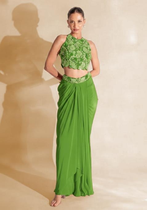Light Green Hand Work Embellished Satin Fusion Set