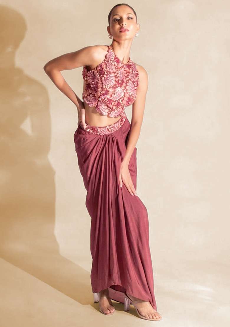 Mauve Hand Work Embellished Satin Fusion Set - Indya