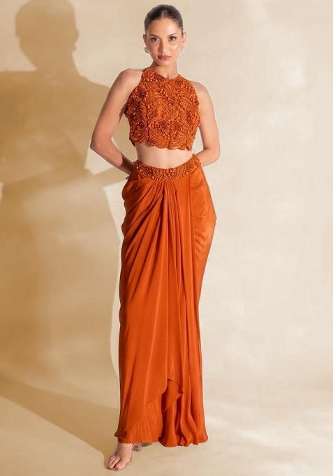 Soft Orange Hand Work Embellished Satin Fusion Set