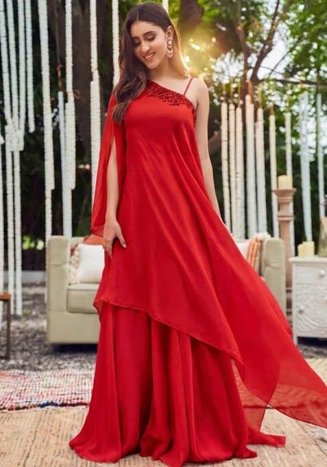 Bright Red Hand Work Embellished Chinon Fusion Set