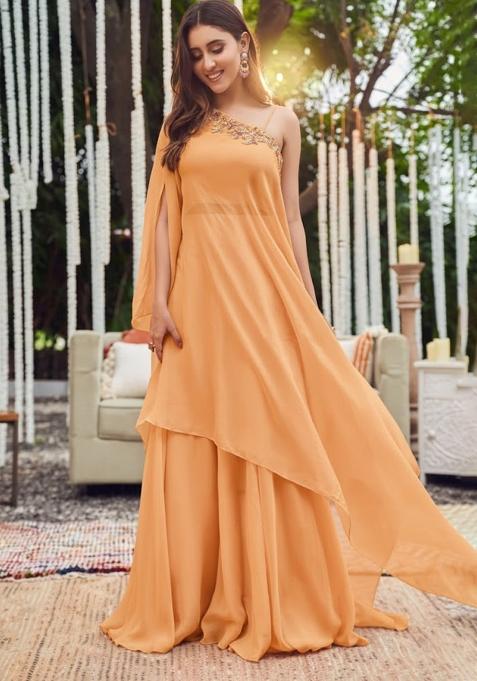 Bright Yellow Hand Work Embellished Chinon Fusion Set