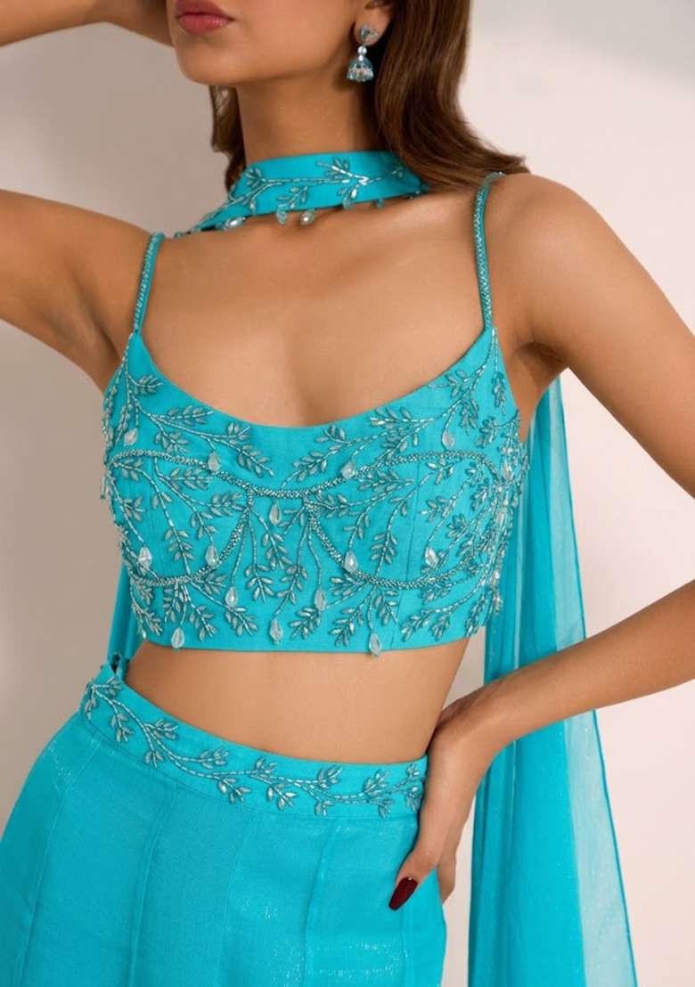 Deep Blue Hand Work Embellished Silk Fusion Set - Indya