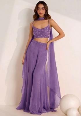 Lavender Hand Work Embellished Silk Fusion Set