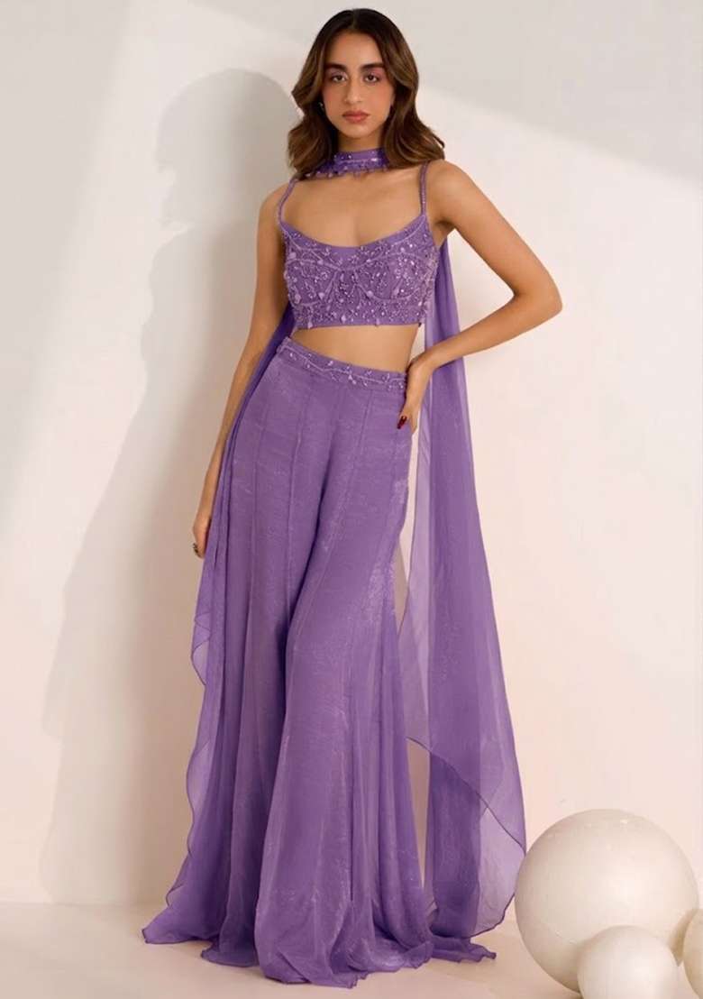 Lavender Hand Work Embellished Silk Fusion Set - Indya