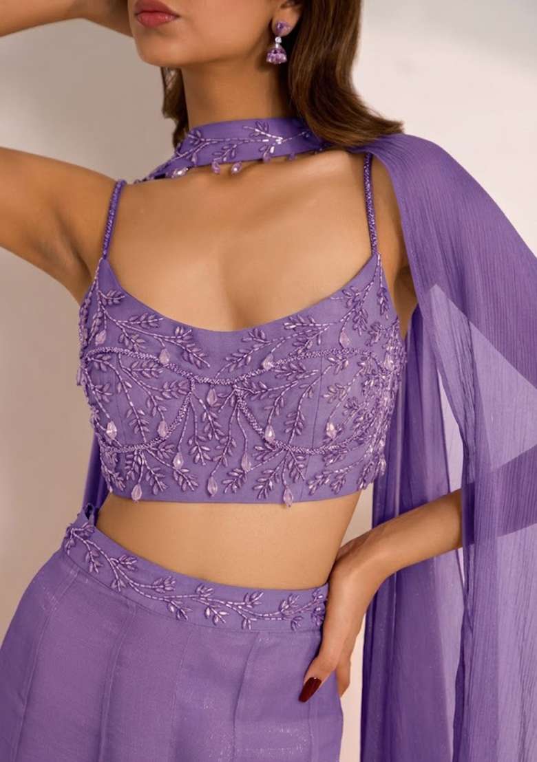 Lavender Hand Work Embellished Silk Fusion Set - Indya
