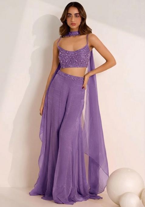 Lavender Hand Work Embellished Silk Fusion Set