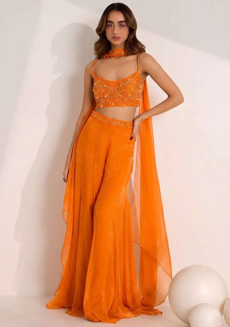 Soft Orange Hand Work Embellished Silk Fusion Set - Indya