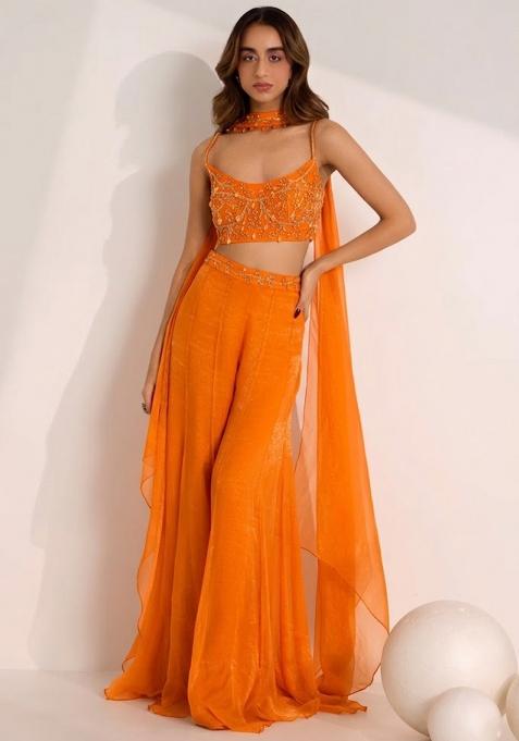 Soft Orange Hand Work Embellished Silk Fusion Set