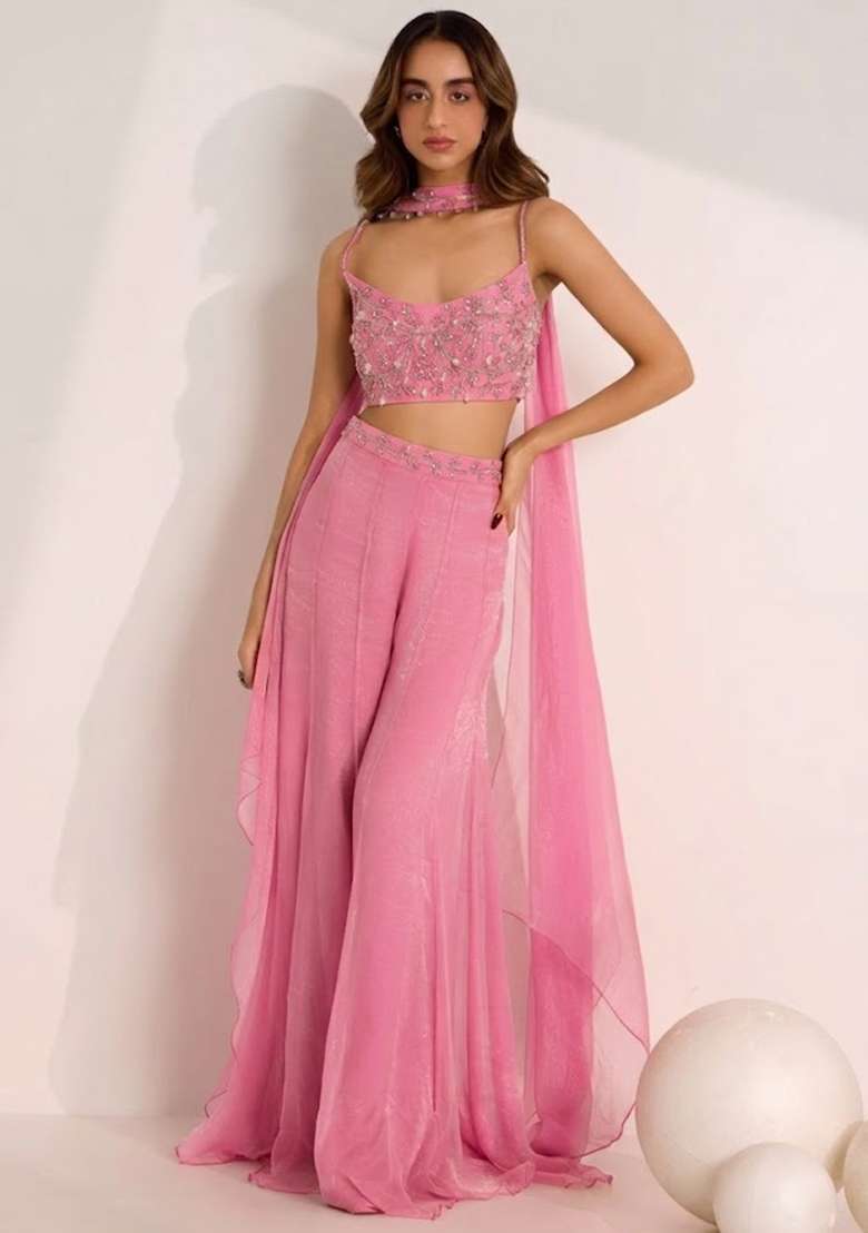 Soft Pink Hand Work Embellished Silk Fusion Set - Indya