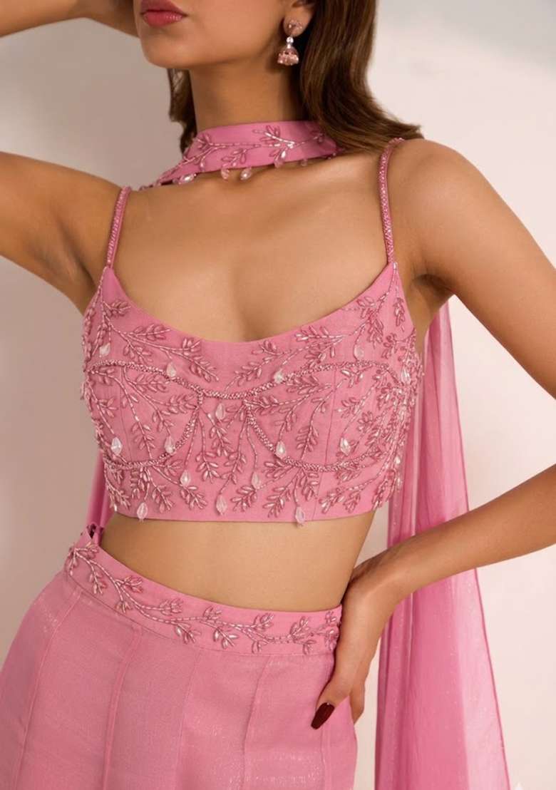 Soft Pink Hand Work Embellished Silk Fusion Set - Indya