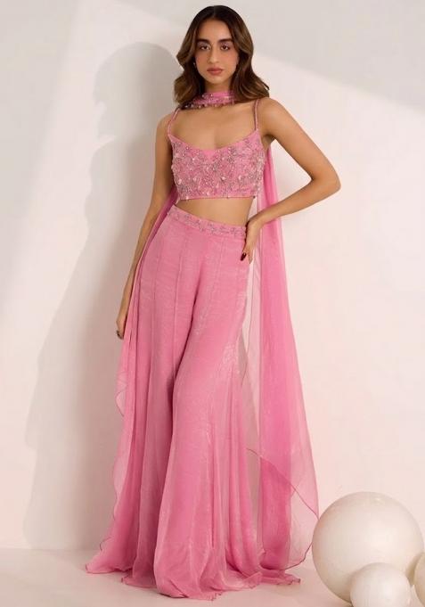 Soft Pink Hand Work Embellished Silk Fusion Set