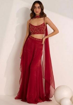 Bright Red Hand Work Embellished Silk Fusion Set