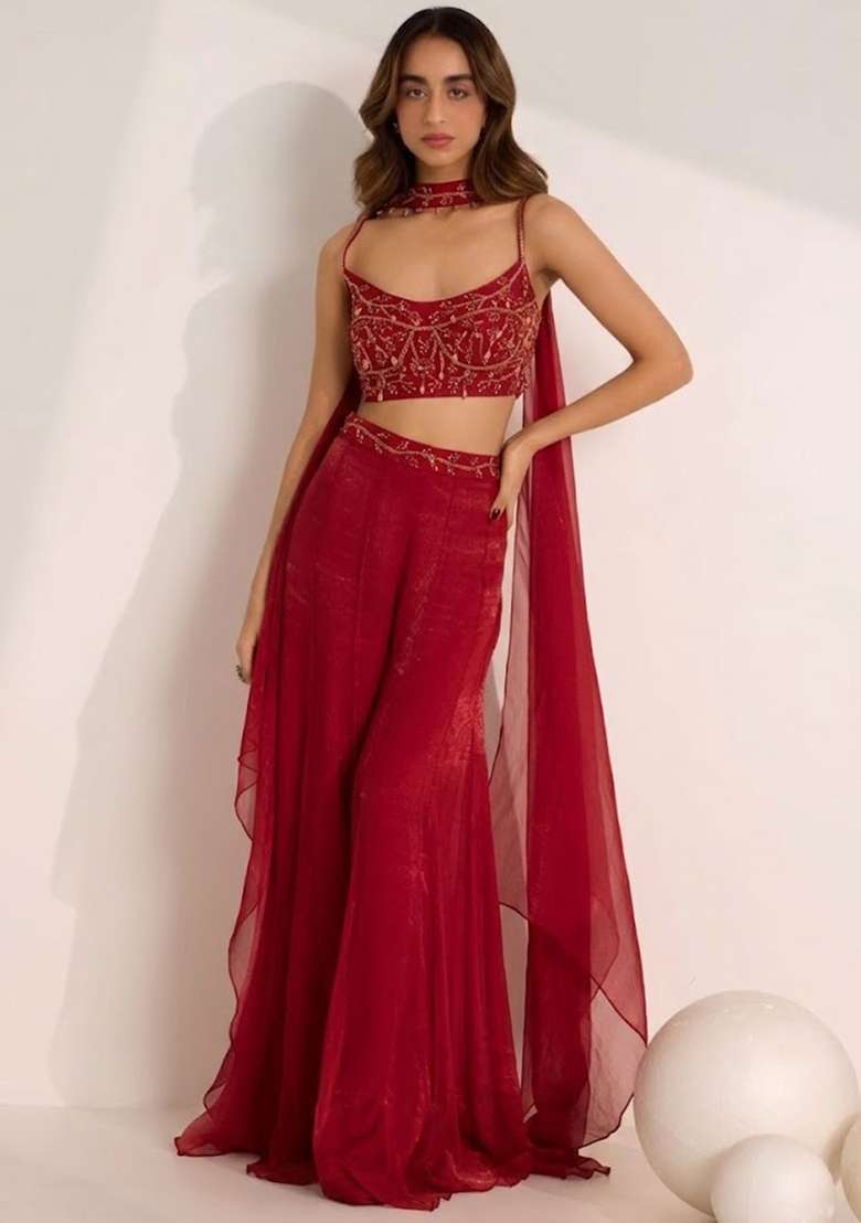 Bright Red Hand Work Embellished Silk Fusion Set - Indya