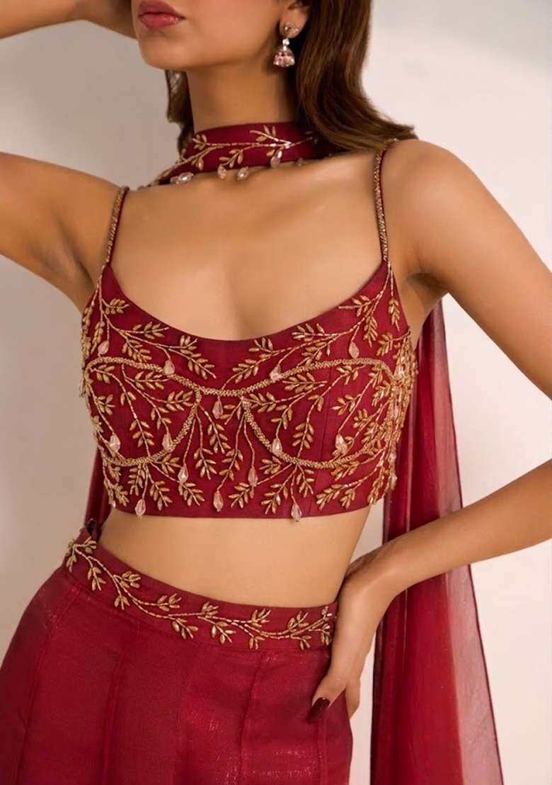Bright Red Hand Work Embellished Silk Fusion Set - Indya