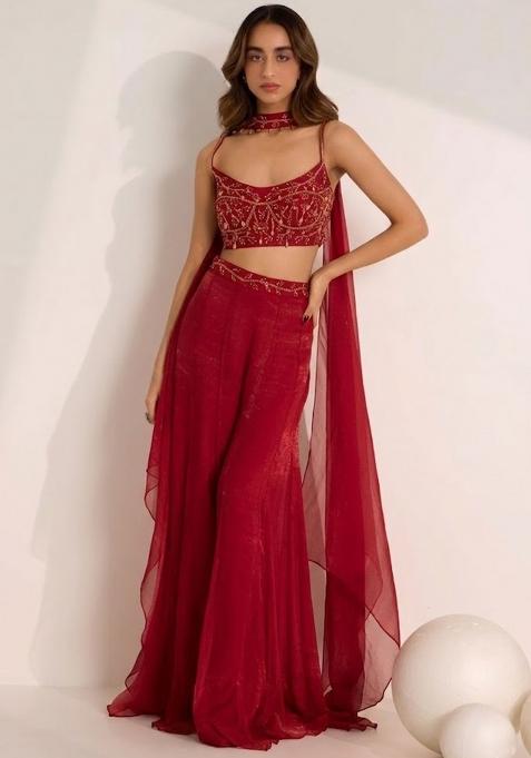 Bright Red Hand Work Embellished Silk Fusion Set