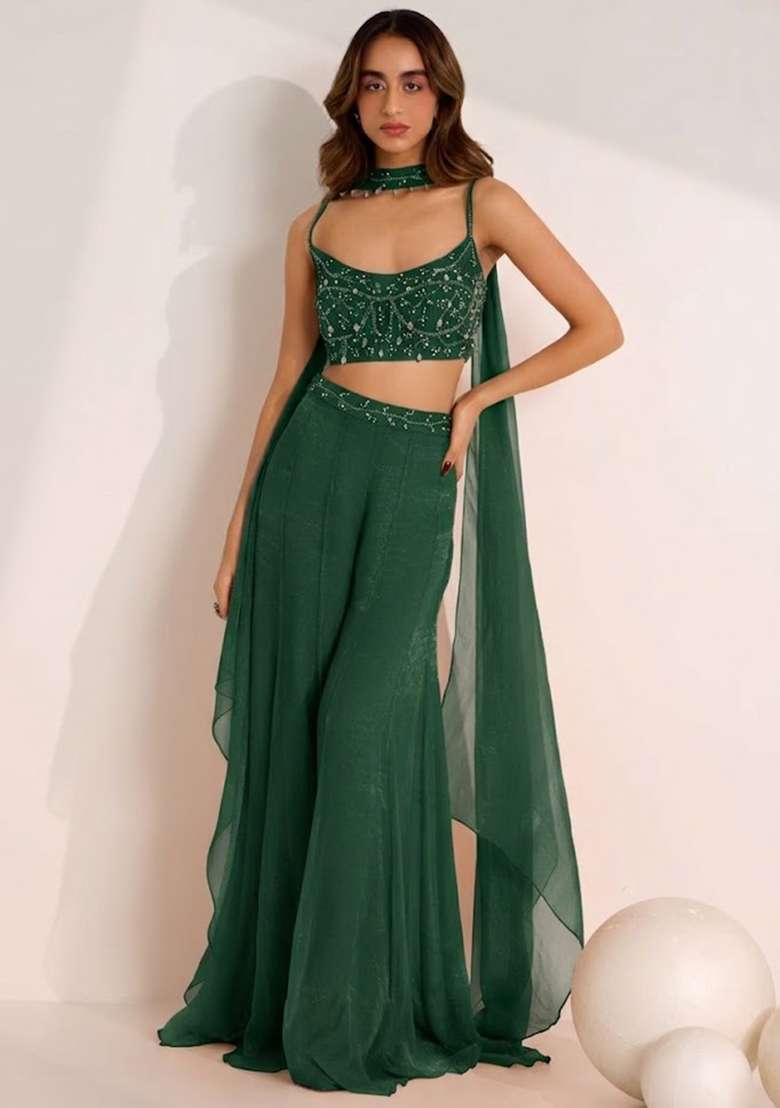 Emerald Green Hand Work Embellished Silk Fusion Set - Indya