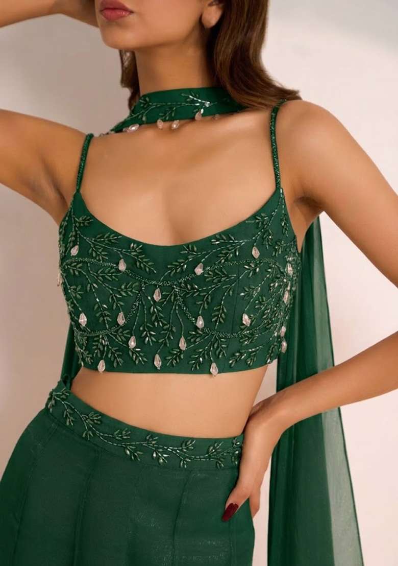 Emerald Green Hand Work Embellished Silk Fusion Set - Indya