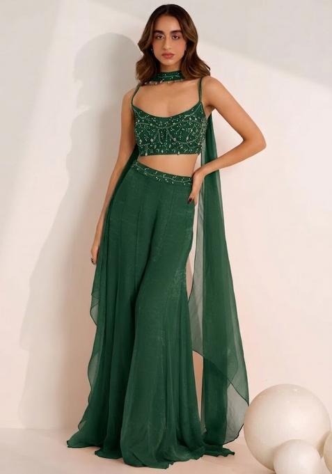 Emerald Green Hand Work Embellished Silk Fusion Set