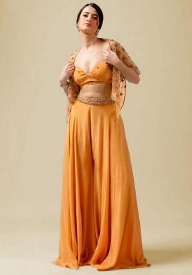 Peach Hand Work Embellished Crepe Fusion Set