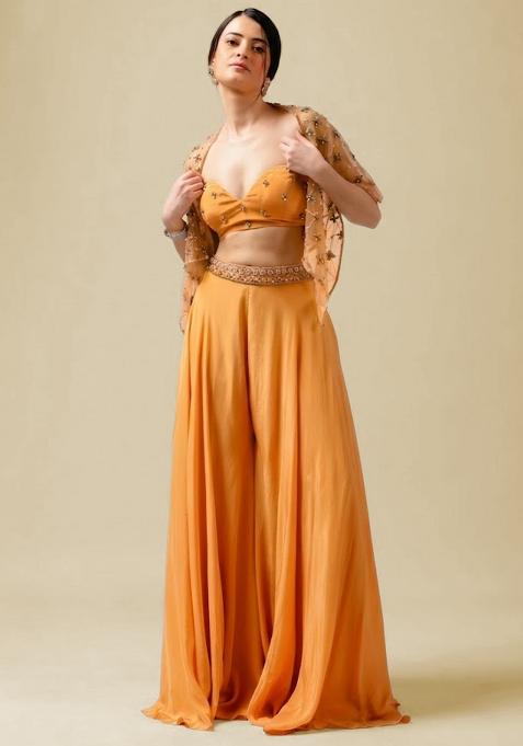 Peach Hand Work Embellished Crepe Fusion Set