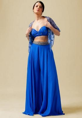 Deep Blue Hand Work Embellished Crepe Fusion Set