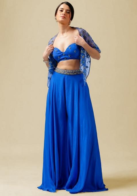 Deep Blue Hand Work Embellished Crepe Fusion Set