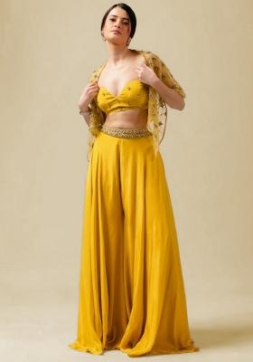 Lemon Yellow Hand Work Embellished Crepe Fusion Set