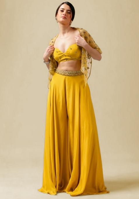 Lemon Yellow Hand Work Embellished Crepe Fusion Set