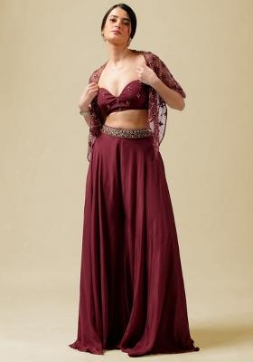 Wine Red Hand Work Embellished Crepe Fusion Set