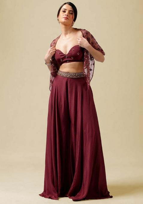 Wine Red Hand Work Embellished Crepe Fusion Set