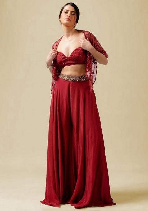 Bright Red Hand Work Embellished Crepe Fusion Set