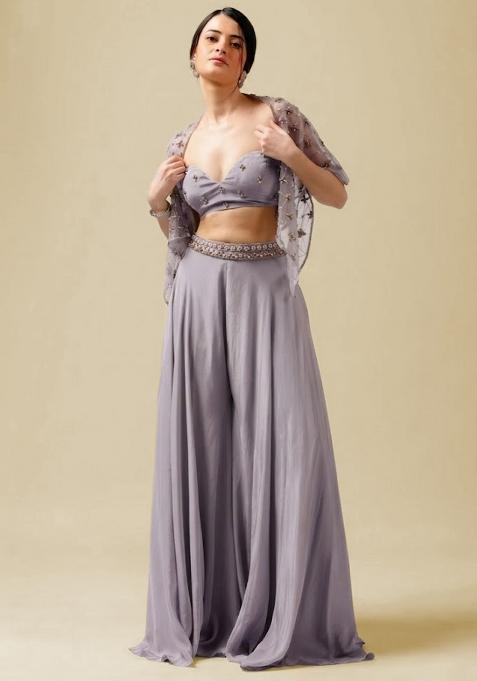 Grey Hand Work Embellished Crepe Fusion Set