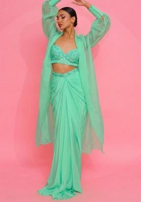 Blue Hand Work Embellished Crepe Fusion Set